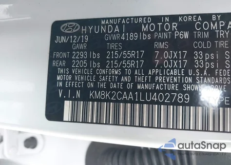 2020 Hyundai Kona Sel z USA, uszkodzony, nr VIN KM8K2CAA1LU402789